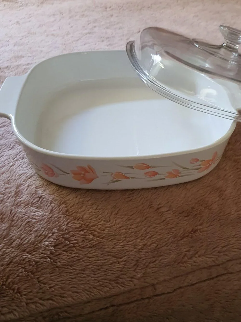 Vintage Corning Ware A-10-B Peach Floral 2.5 Liter Casserole Dish w/Lid